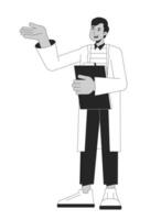 Indian male scientist with document flat line black white vector character. Discussion. Editable outline full body person. Simple cartoon isolated spot illustration for web graphic design