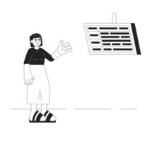 Happy asian woman monochromatic flat vector character. Editable full body person looking on display with flight information on white. Simple bw cartoon spot image for web graphic design