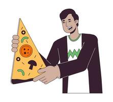 optimista indio hombre con grande Pizza rebanada plano línea color vector personaje. editable contorno medio cuerpo persona en blanco. comida entrega sencillo dibujos animados Mancha ilustración para web gráfico diseño