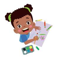 cute boy painting with watercolors and colored pencils vector