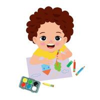 cute boy painting with watercolors and colored pencils vector