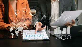 Data Management System with Business Analytics concept. business team hands working with provide information for Key Performance Indicators and marketing analysis onn virtual computer photo