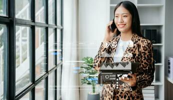 Business team hand Project manager working and update tasks and Gantt chart scheduling virtual diagram.with smart phone, tablet and laptop in office. photo