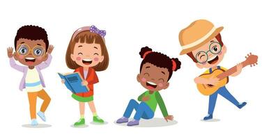Happy kids cartoon collection. Multicultural children in different positions isolated on white background vector