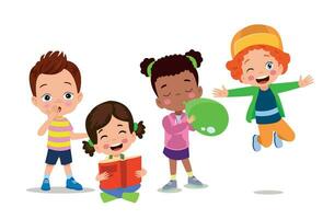 Happy kids cartoon collection. Multicultural children in different positions isolated on white background vector