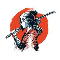 samurai niña con katana espada vector