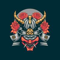 samurai head with rose flower artwork vector