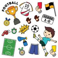 Doodle vector set with colored soccer players and equipment