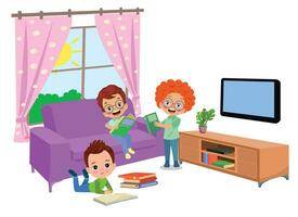 cute kids studying studying in the living room vector