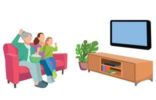 familia feliz viendo la televisión juntos en la sala de estar. ilustración familiar en estilo de dibujos animados vector