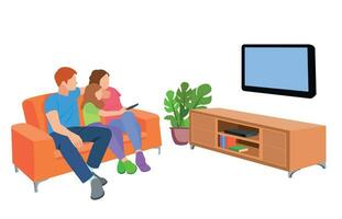 familia feliz viendo la televisión juntos en la sala de estar. ilustración familiar en estilo de dibujos animados vector