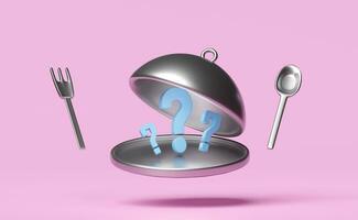 silver plate with food cover, spoon, fork, question mark isolated on pink background. eat what concept, 3d render illustration photo