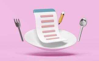 porcelain plate with food items, menu, spoon, fork, question mark, pencil isolated on pink background. eat what concept, 3d render illustration photo