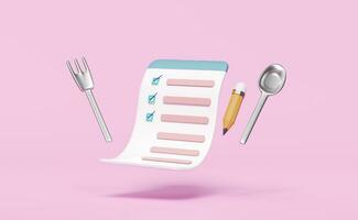 food items, menu with spoon, fork, check mark, pencil isolated on pink background. 3d render illustration photo