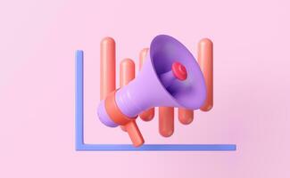 3d financial report charts, graph with megaphone isolated on pink background. Online marketing, business strategy, data analysis, 3d render illustration photo