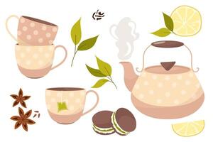 un té colocar. un conjunto de artículos para té Bebiendo. vector