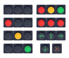 Set of vector illustrations of traffic lights. Signal lights.