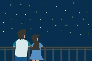 Vector background of joyful cute lovely couple in love date and watch see night sky view star together. Couple in love happy concept , love travel together valentine day online shopping winter sale.