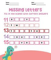 Missing letters worksheet. Complete the letters for number in English. Kids educational game. Printable worksheet for preschool. Writing practice. Vector file.