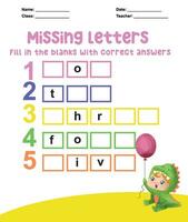 Missing letters worksheet. Complete the letters for number in English. Kids educational game. Printable worksheet for preschool. Writing practice. Vector file.