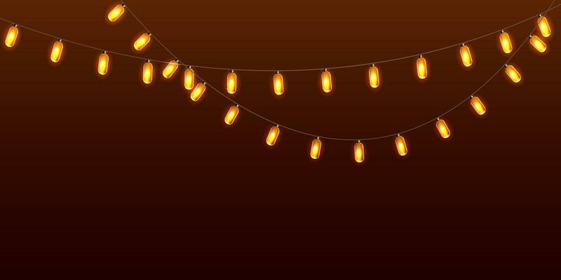Luminous electric garland on brown background. Realistic lamps hanging on the cable. Vector design.