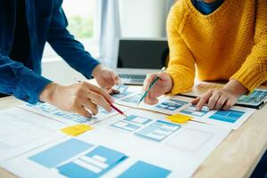 vista del equipo de desarrolladores de ui haciendo una lluvia de ideas sobre su proyecto con una computadora portátil, un teléfono inteligente y una tableta digital. agencia creativa de desarrollo digital. foto