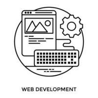 teclado adjunto a un página web modelo y engranaje firmar en el escena, describiendo web desarrollo icono vector