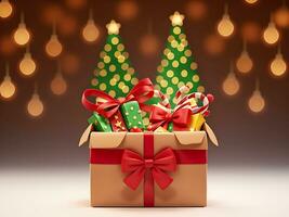 Navidad regalo caja con rojo cinta y luces en antecedentes. generado ai foto