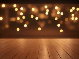An empty wooden floor with bokeh lights on stage backgroun. generative AI photo