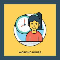 Employee with ponytail in front a time machine depicting working hours icon vector