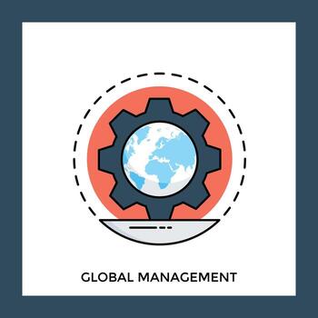 Graphics of a cog having world globe inside, showcasing global management idea vector