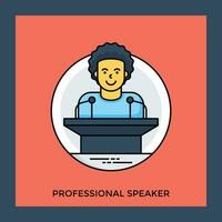 Siling human avatar with curly hairs standing on a podium with mic to showcase public speaker concept vector