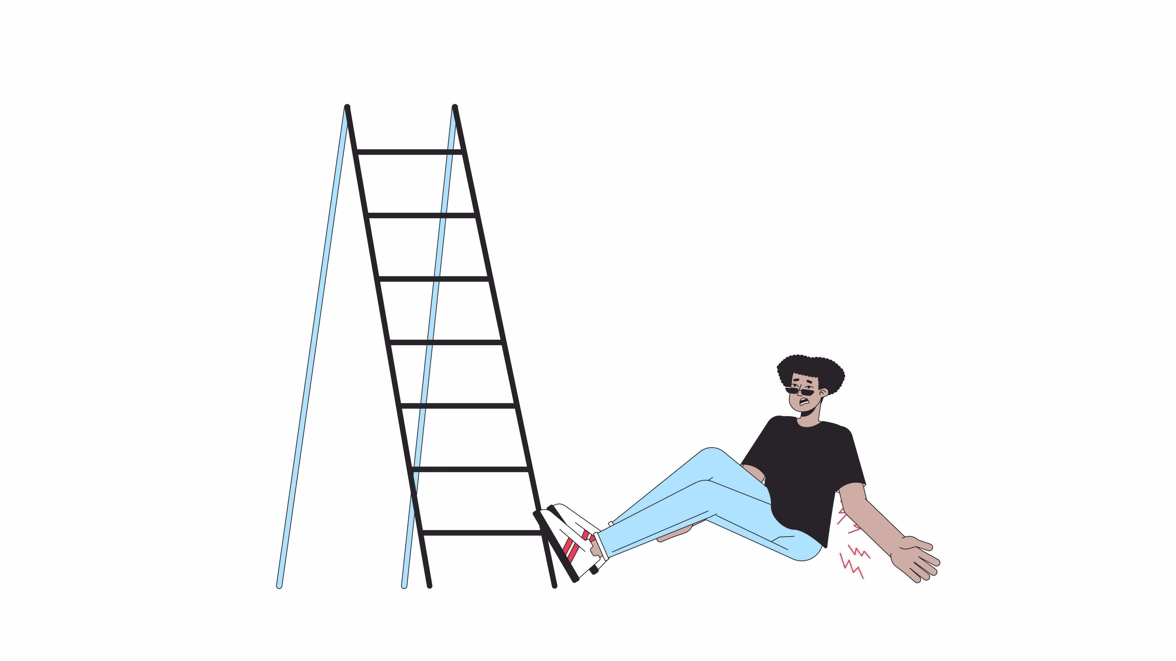 Ladder fall injury line cartoon animation. Latino man fallen accident
