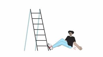 Ladder fall injury line cartoon animation. Latino man fallen accident. Slipping hazard at work 4K video motion graphic. Injured person 2D linear animated character isolated on white background