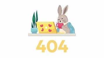 Cute rabbit drinking tea at laptop 404 error animation. Cozy home winter error message gif, motion graphic. Fluffy bunny holding cup animated character cartoon 4K video isolated on white background