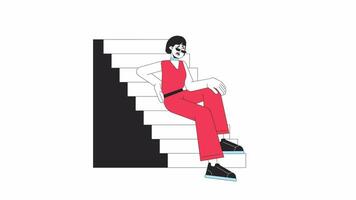 Back injury woman fell down stairs line cartoon animation. Slip on stairs 4K video motion graphic. Asian lady accident. Injured person 2D linear animated character isolated on white background