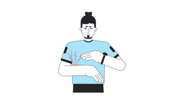 Kaukasisch Mens met gewond hand- lijn tekenfilm animatie. gewricht pijn Mens 4k video beweging grafisch. reumatoïde artritis. gewond persoon 2d lineair geanimeerd karakter geïsoleerd Aan wit achtergrond