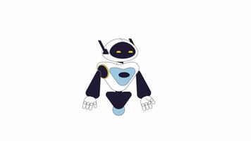 androide robot riendo línea 2d personaje animación. robótico juguete con sonriente ojos en monitor cara plano color dibujos animados 4k video, alfa canal. expresando emoción animado droide en blanco antecedentes video