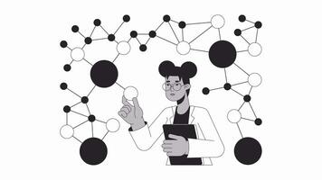 Molecule scientist in laboratory bw outline 2D animation. 4K video motion graphic. African american lab researcher touching molecule monochrome linear animated cartoon flat concept, white background