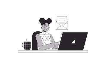 Work from home woman receiving email bw outline 2D animation. Black woman on laptop with notification mail 4K video motion graphic. Monochrome linear animated cartoon flat concept, white background