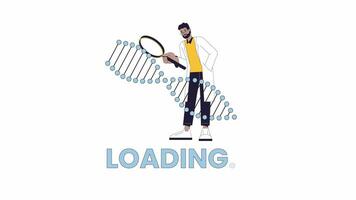 Scientist studying dna strand rotating line 2D loading animation. Researcher with magnifier animated cartoon linear character 4K video loader motion graphic. Genetic engineer download process gif