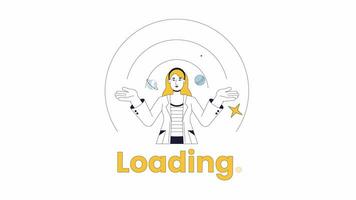 Rocket scientist presenting orbit planets line 2D loading animation. Female engineer with cosmos animated cartoon linear character 4K video loader motion graphic. Rocket launch download process gif