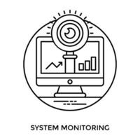 Hand lense with eye all placed over an lcd screen with some business infographics pictoring system monitoring icon vector