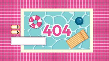 Inflatable swimming pool above 404 error animation. Summertime poolside error message gif, motion graphic. Summertime fun animated scene overhead view cartoon 4K video isolated on white background