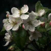 blossoming branch of apple on a dark background  close-up photo