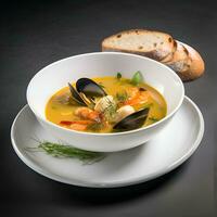 Seafood soup with shrimps and mussels in a bowl photo