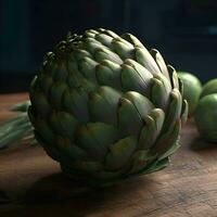 Artichoke on wooden table  closeup. Healthy food concept photo