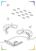 Black and white shrimp, seaweed Coloring page. Marine underwater inhabitants vector illustration.