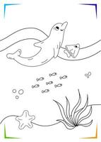 Black and white dolphin, starfish, seaweed Coloring page. Underwater inhabitants vector illustration.