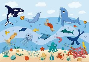 Vector Cartoon Underwater world scene, ocean marine life. Undersea octopus, dolphin, whale and etc.